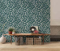 White Vines on Teal wallpaper behind a live-edge wood bench with woven baskets in an entryway