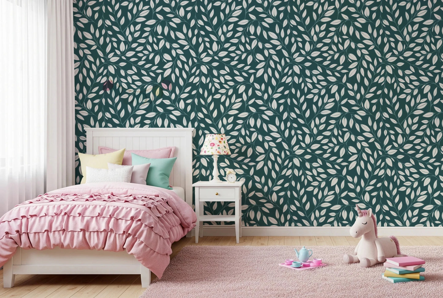 White Vines on Teal wallpaper in a girls bedroom with a white bed, pink ruffle bedding and a unicorn toy