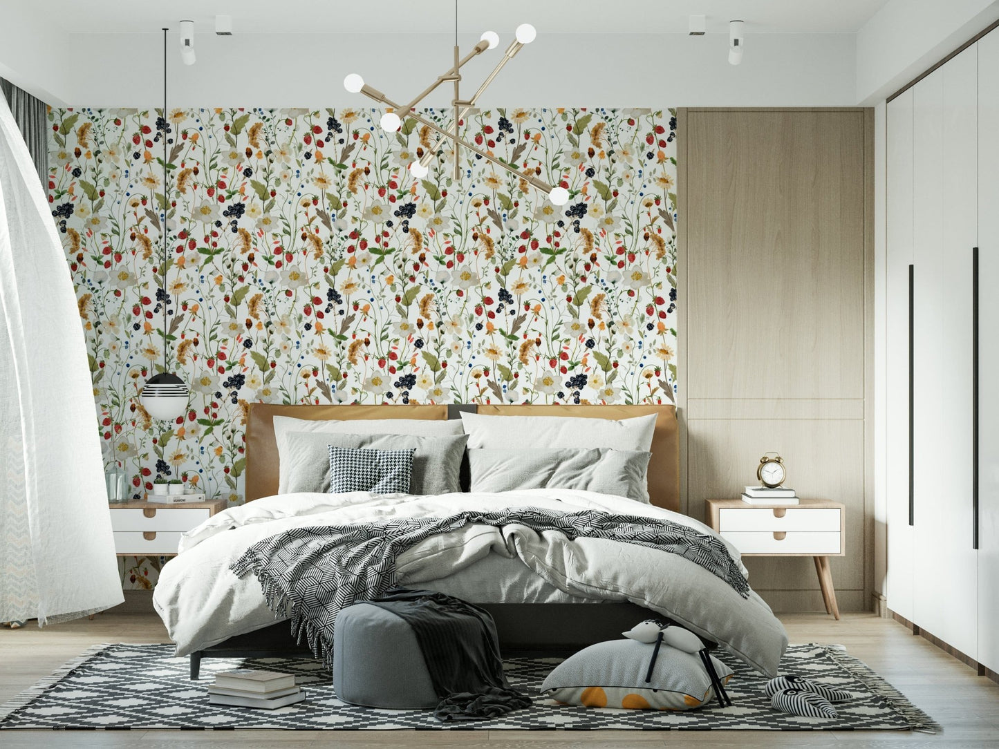 Wild Berry Bliss wallpaper, watercolor botanical pattern, berries, wildflowers.