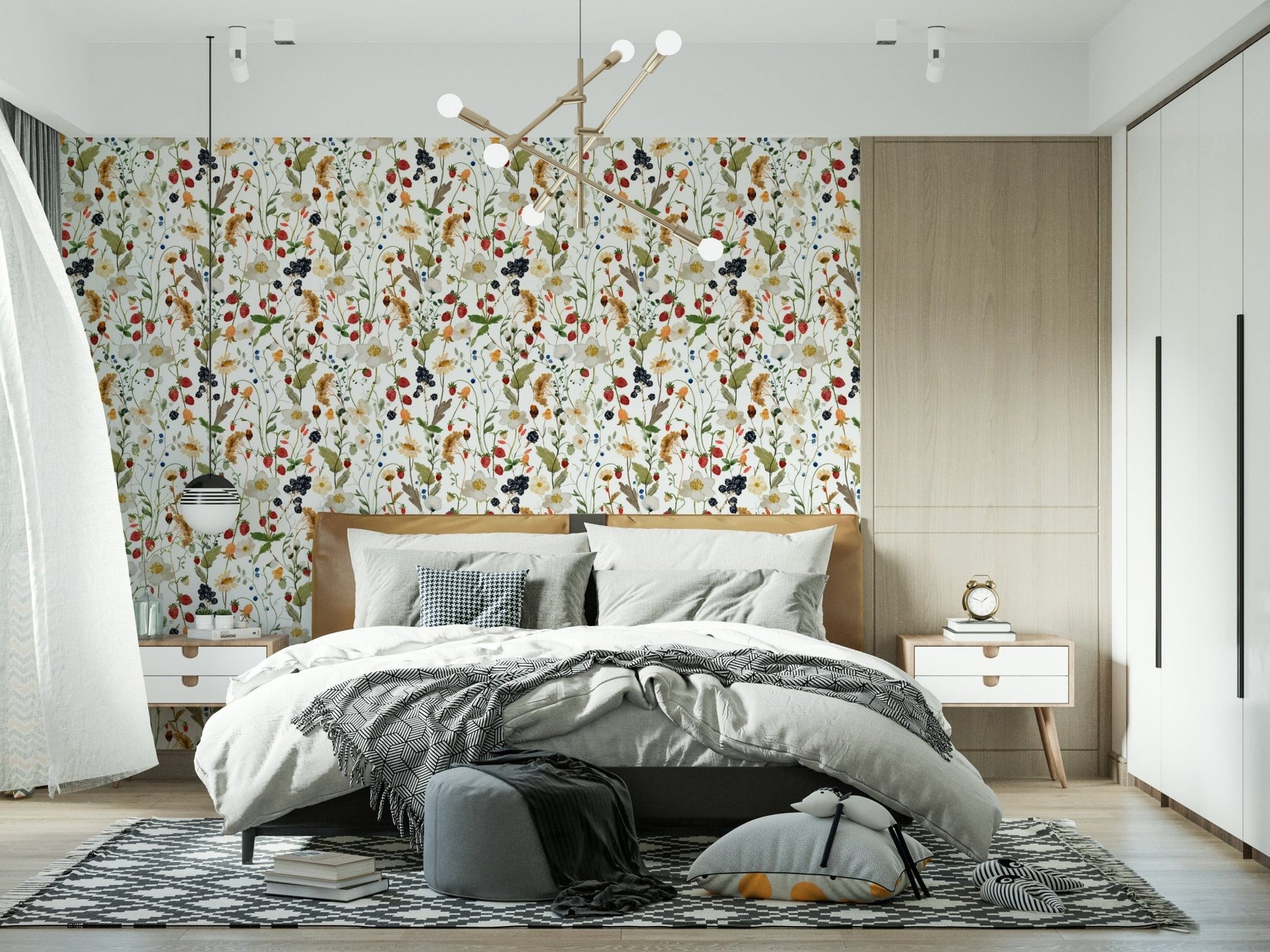 Wild Berry Bliss wallpaper, watercolor botanical pattern, berries, wildflowers.