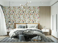 Wild Berry Bliss wallpaper, watercolor botanical pattern, berries, wildflowers.