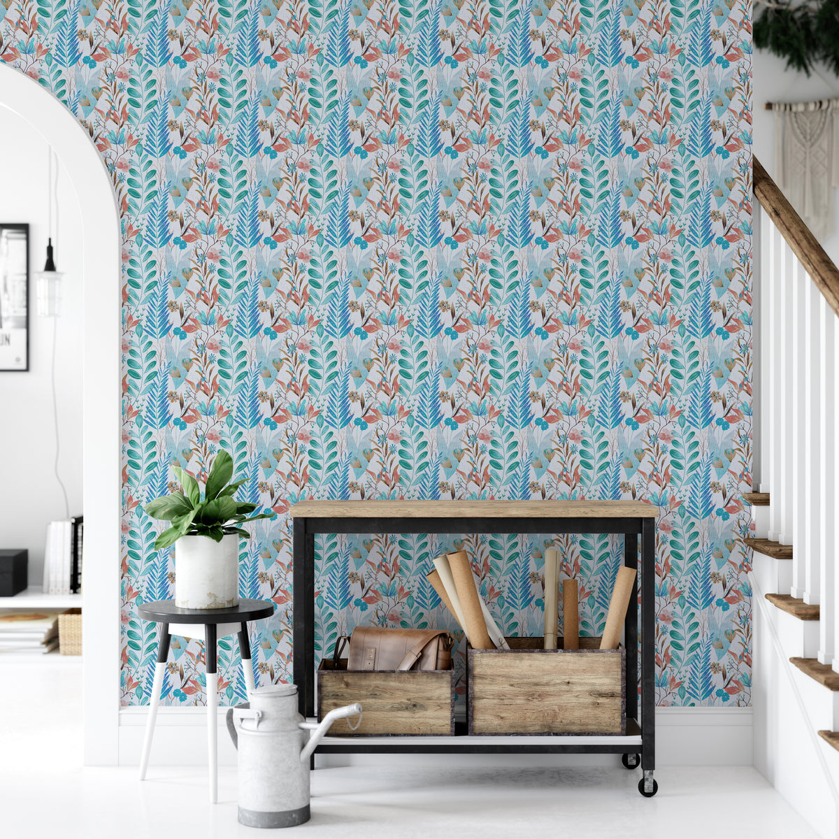 Wild Bloom Symphony Blue wallpaper beside an industrial console cart and stairs in a hallway