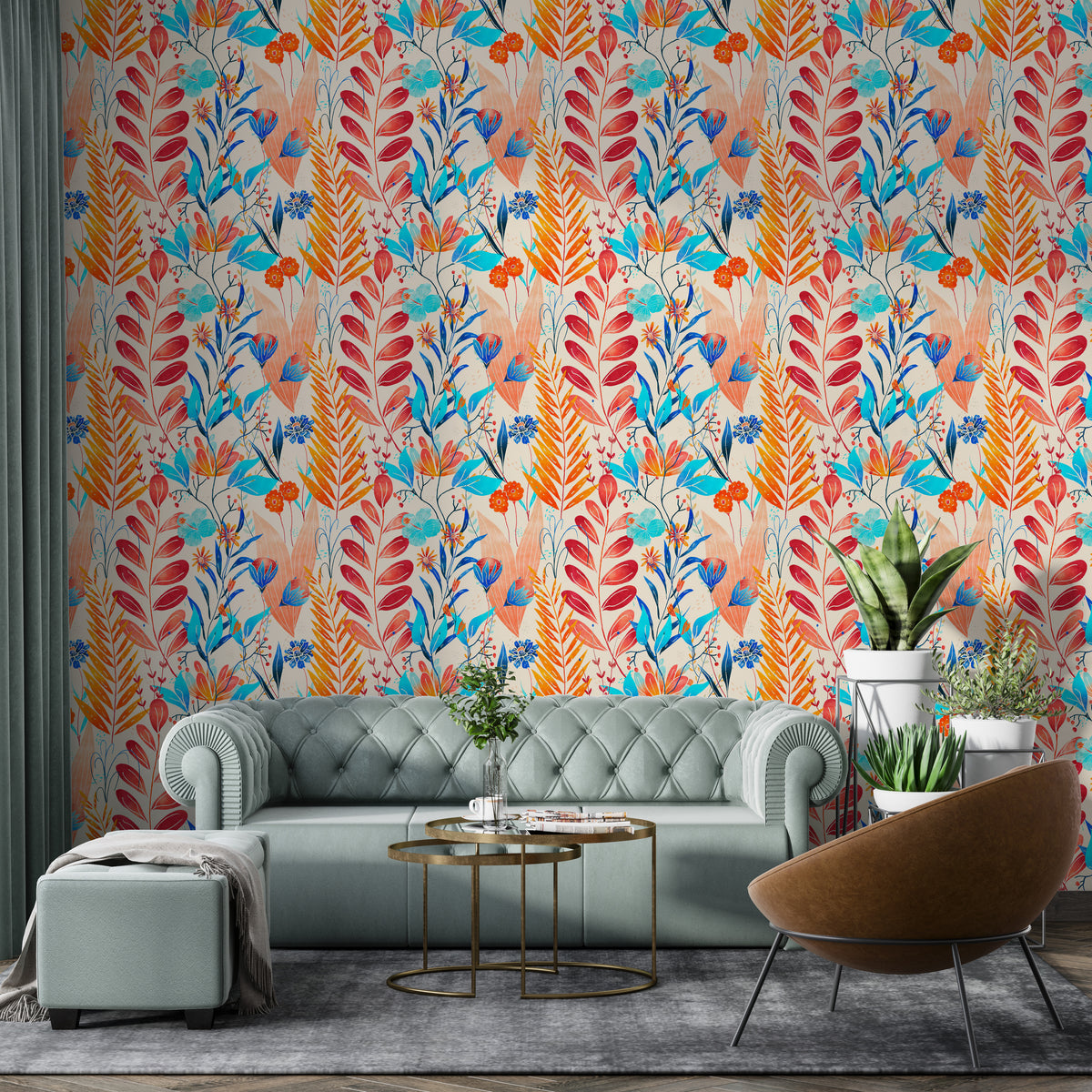 Wild Bloom Symphony wallpaper behind a sage green sofa and leather armchair in a living room