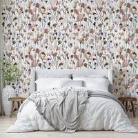 Beige wallpaper with gentle botanical wildflower illustrations.

