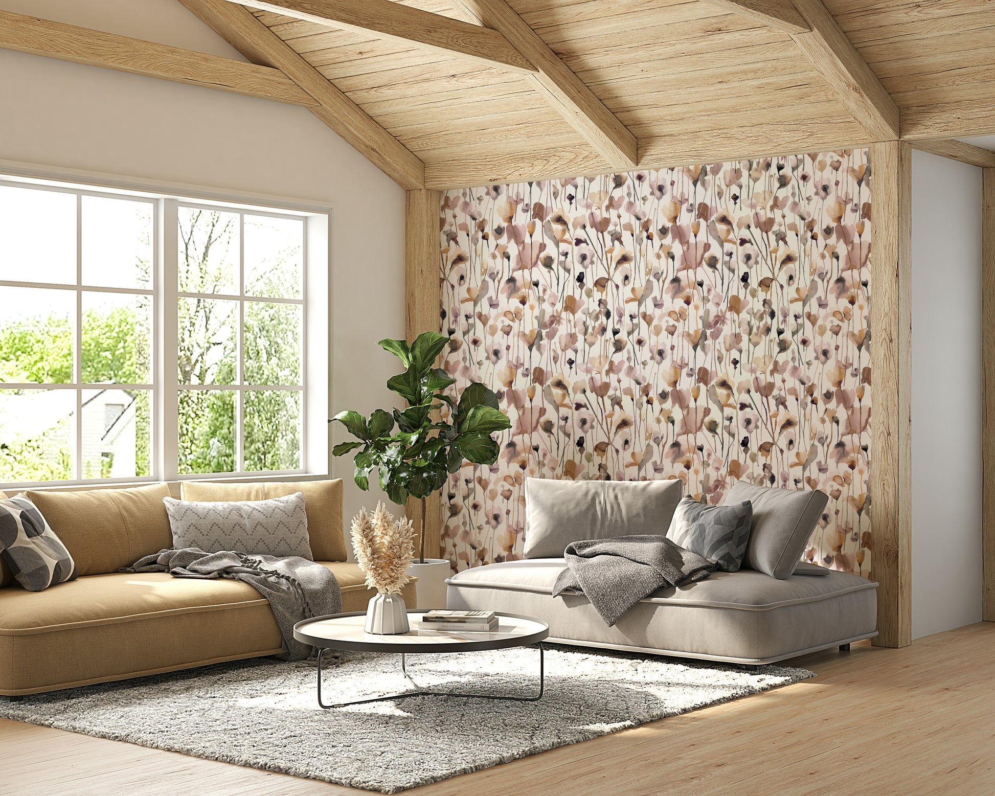Watercolor flower mural in beige and soft earthy shades.


