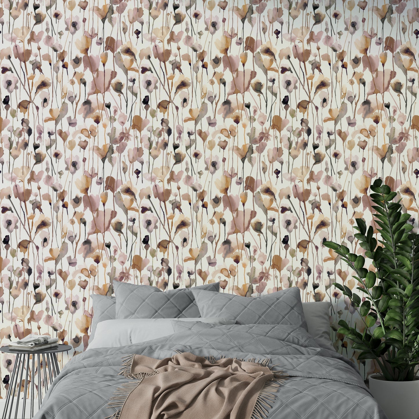 Wallpaper featuring hand-painted wildflowers on beige background.

