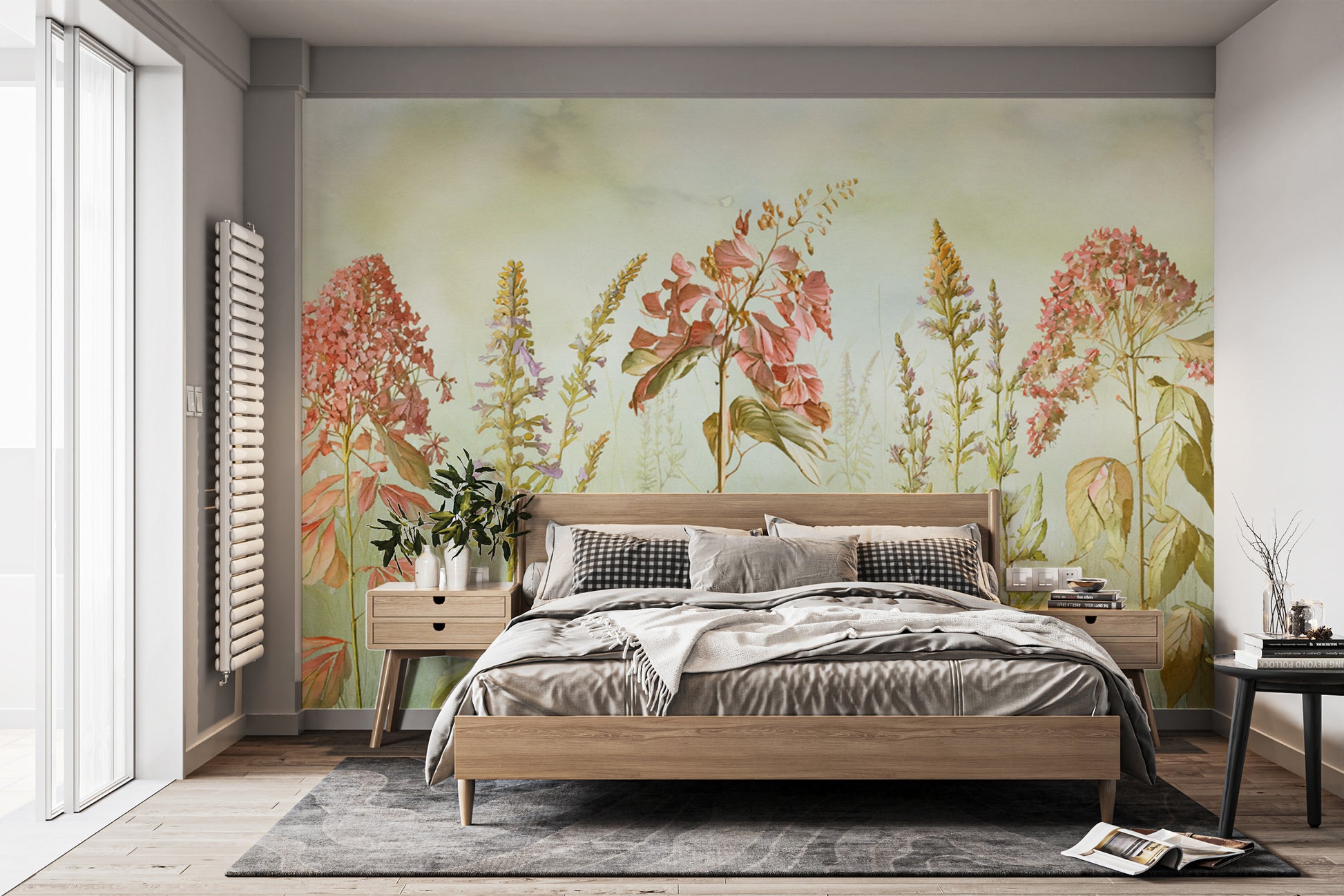 Wild Flowers Meadows wallpaper mural with coral flowers behind a wood bed and gingham pillows in a cozy bedroom