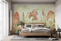 Wild Flowers Meadows wallpaper mural with coral flowers behind a wood bed and gingham pillows in a cozy bedroom