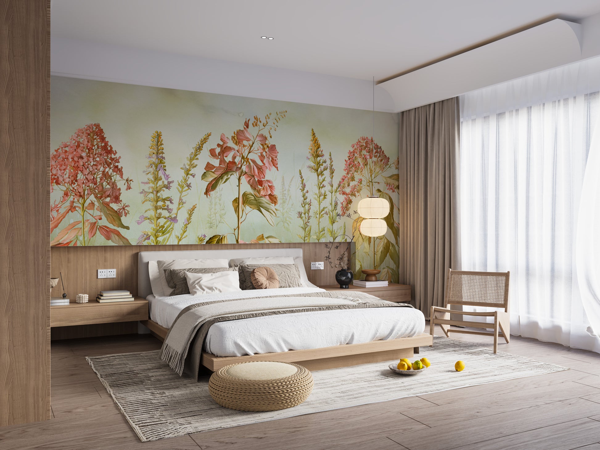 Wild Flowers Meadows wallpaper mural with coral blooms on green behind a white bed and paper lantern lamp in a bedroom
