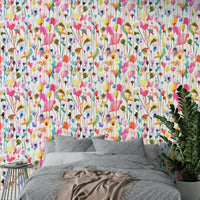 Botanical watercolor landscape mural for a hallway in a minimalist flat.