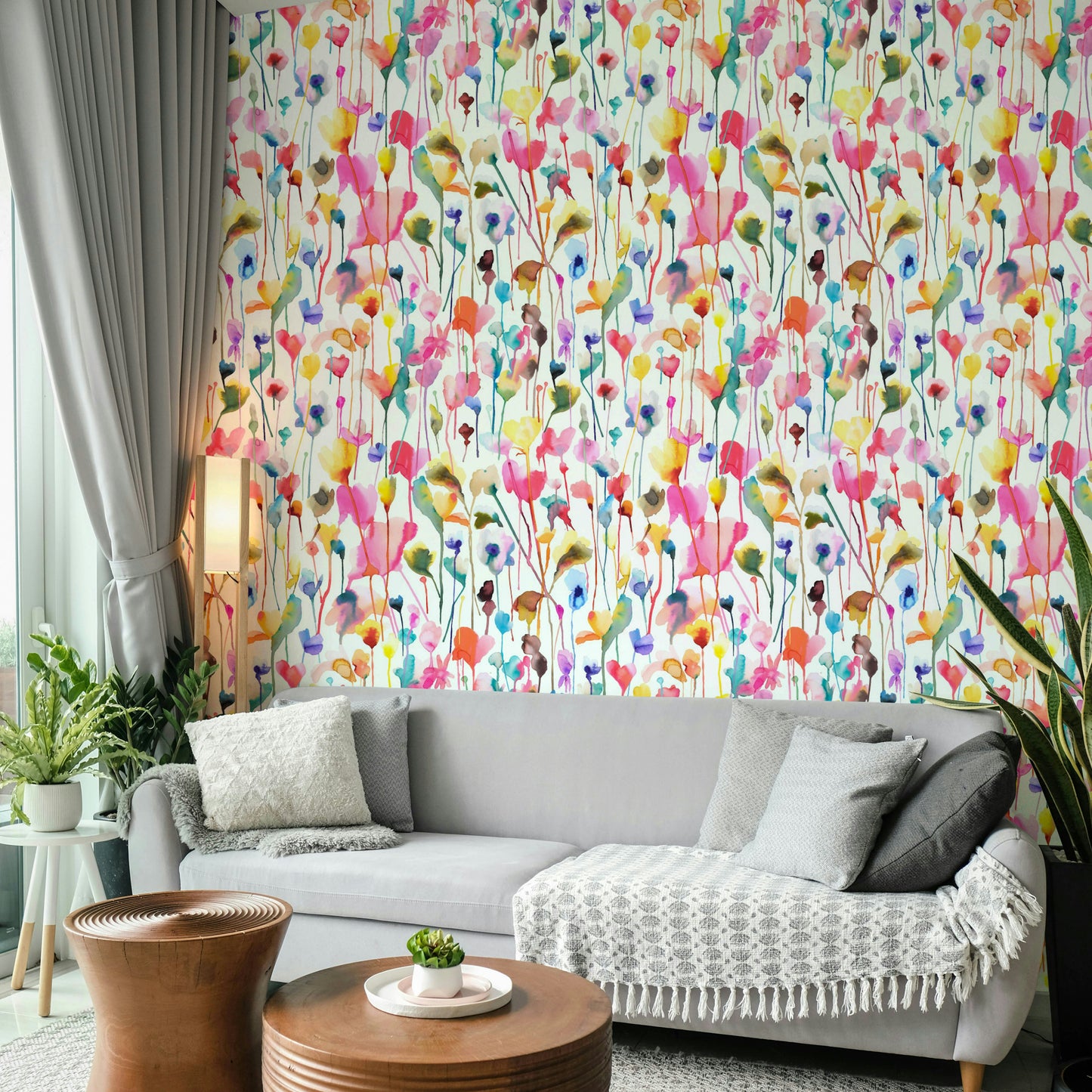 Soft pink floral colour palette wallpaper for a master bedroom feature wall.