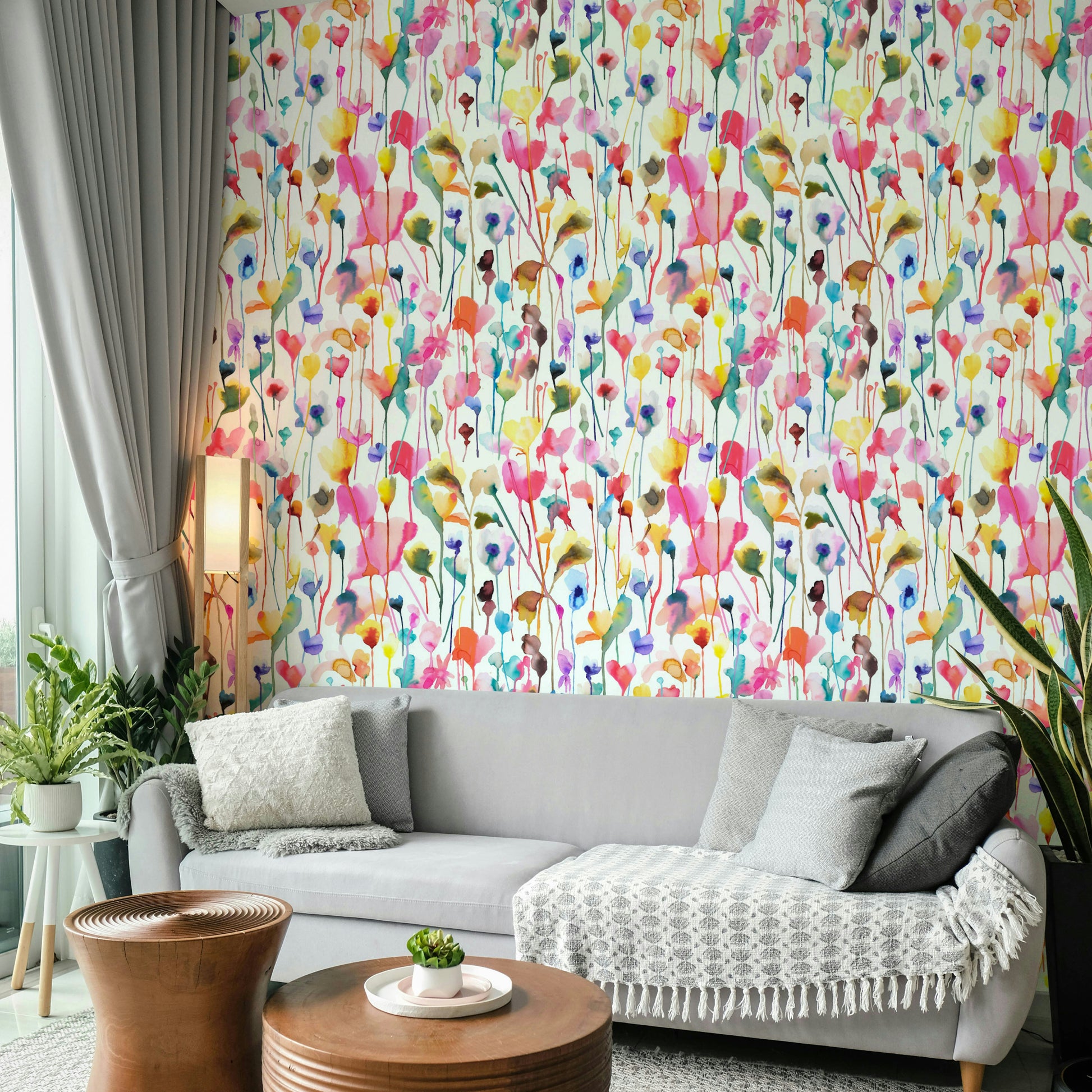 Soft pink floral colour palette wallpaper for a master bedroom feature wall.