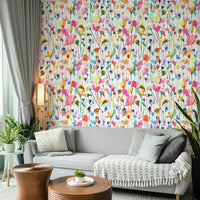Soft pink floral colour palette wallpaper for a master bedroom feature wall.