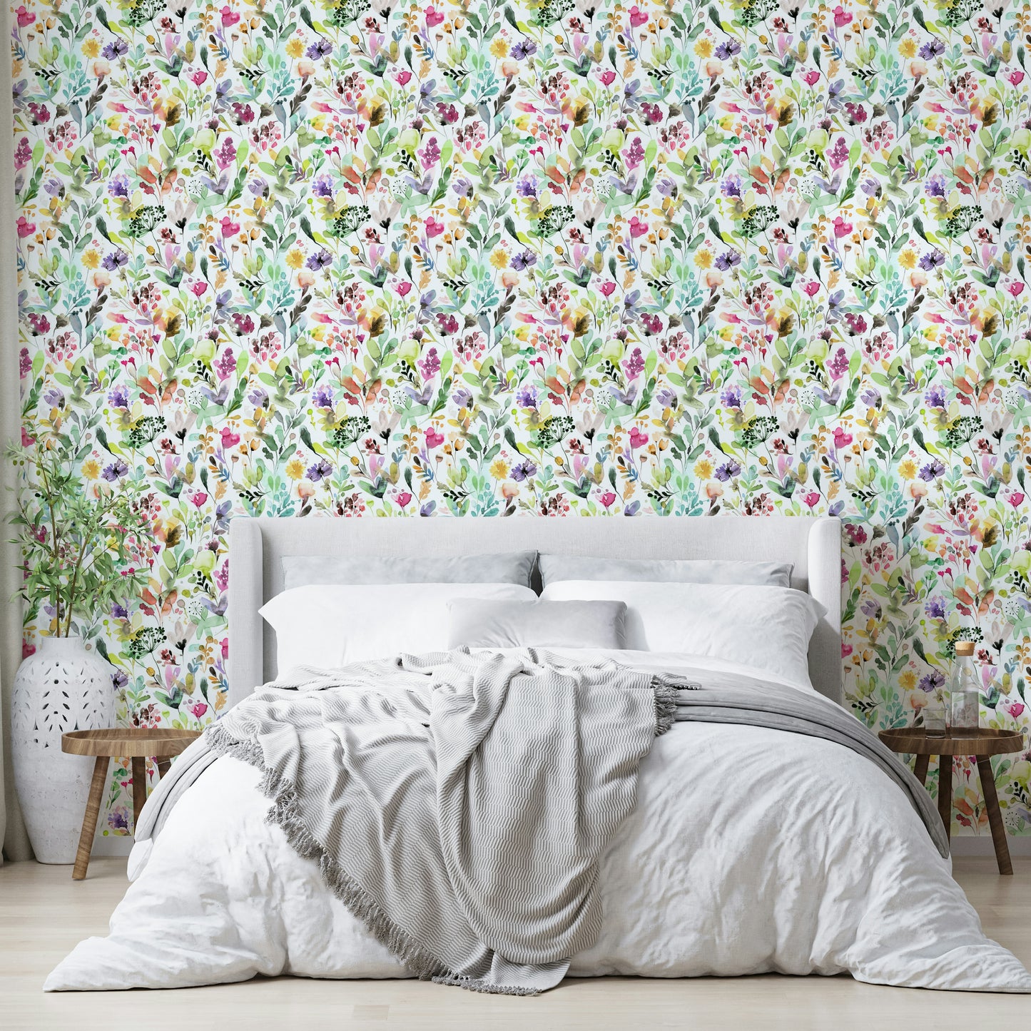 Hand-painted wild garden design on green wallpaper

