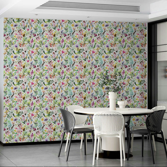 Lush green wallpaper with floral garden artwork

