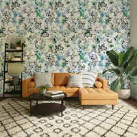 Wild Grasses Blue Wallpaper used in a child’s room with natural wood textures.