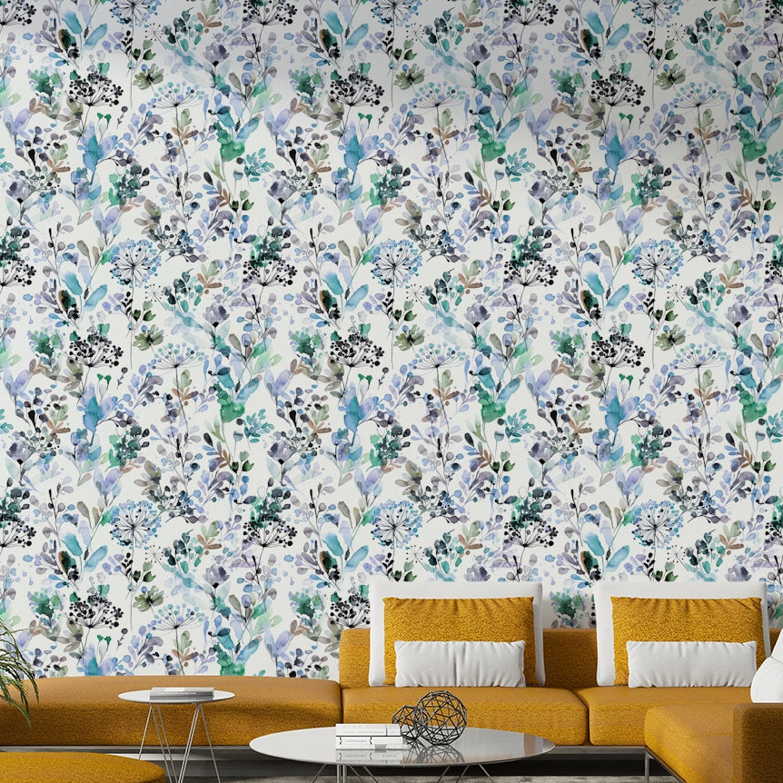 Wild Grasses Blue Wallpaper depicting a meadow in a contemporary home décor setting.