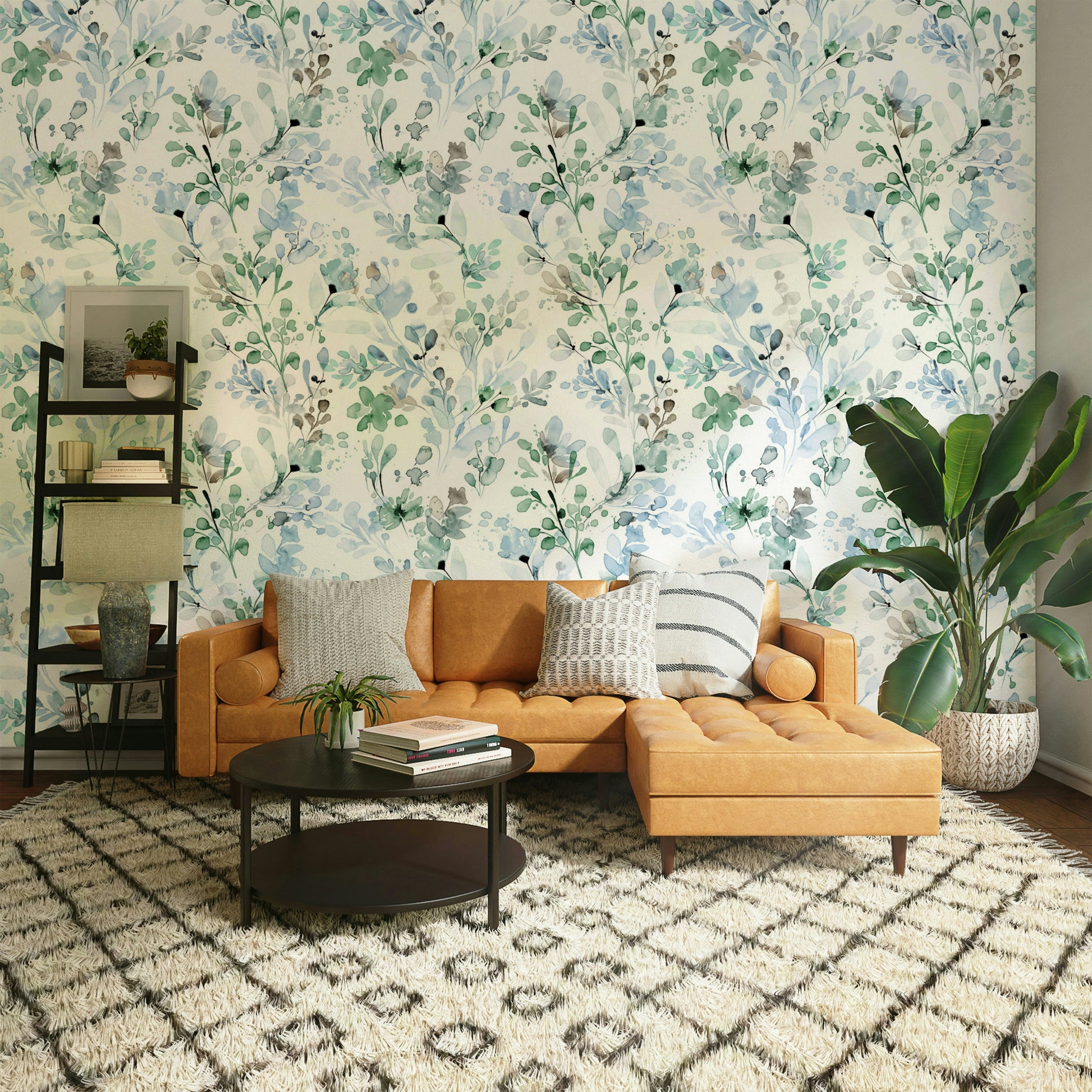 Botanical nature themed home décor in a master bedroom with soft grey textiles.