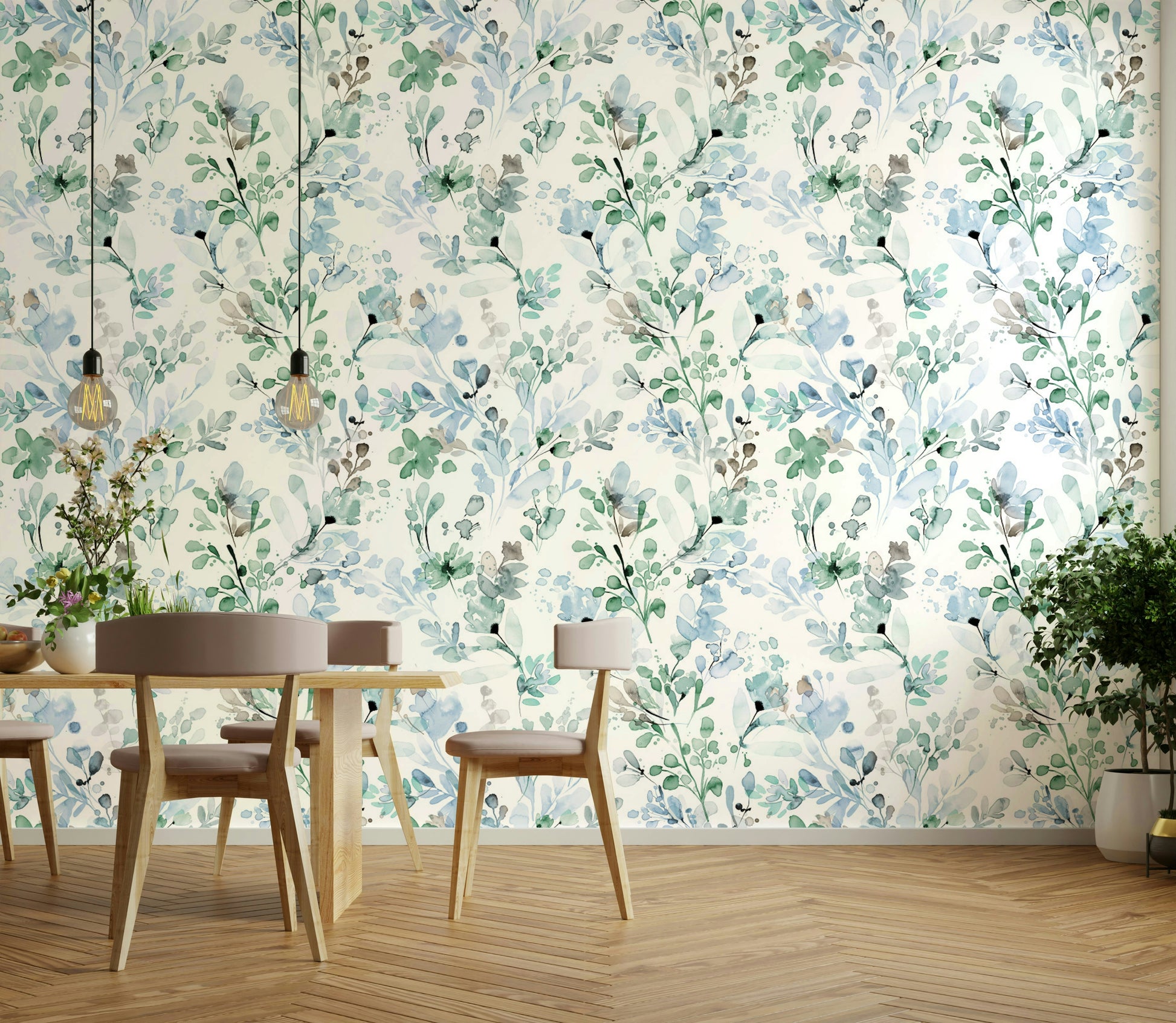 Wild Grasses Botanical Nature Sage Green Wallpaper as a feature wall in a cosy lounge.