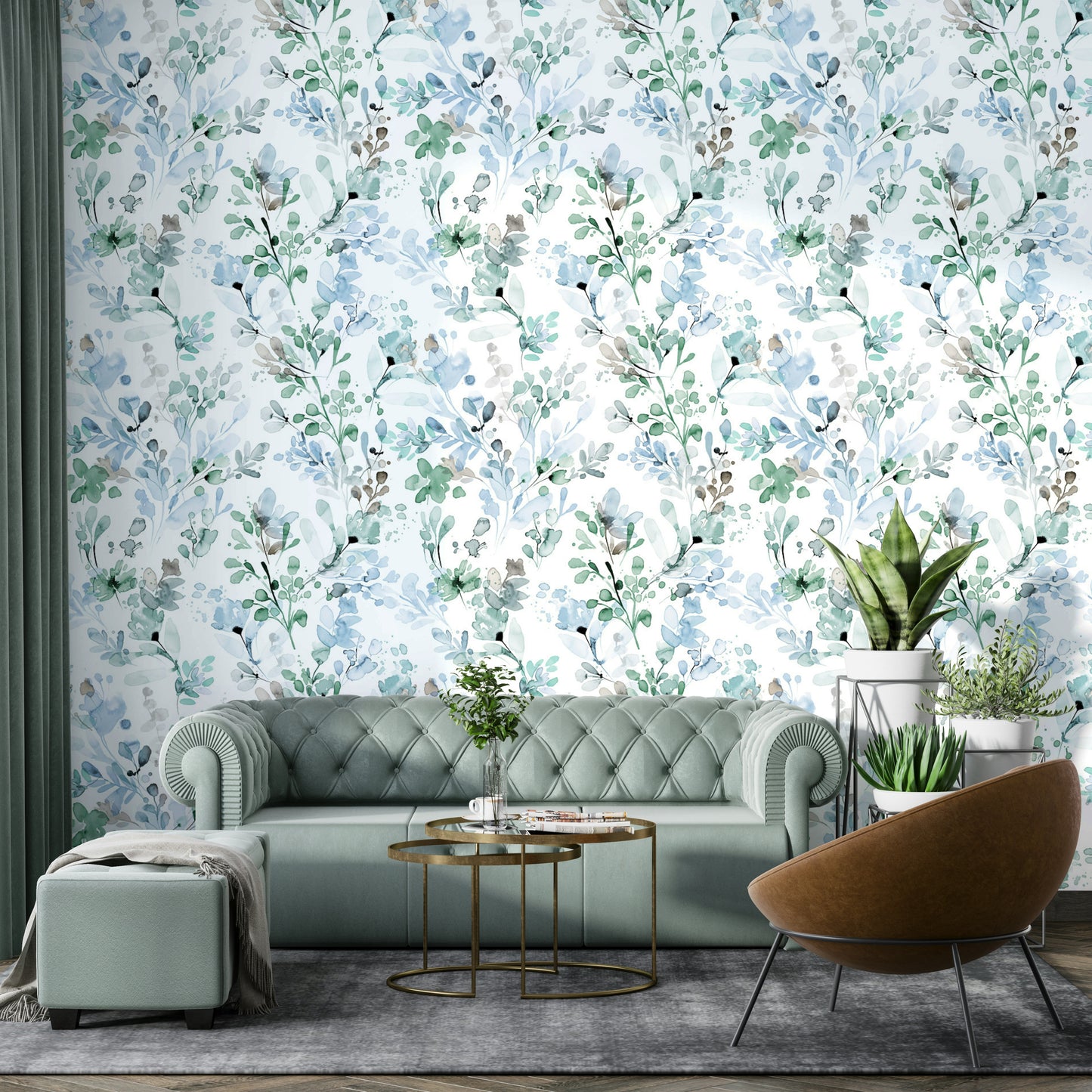Wild Grasses Botanical Nature Sage Green Wallpaper on a chimney breast in a traditional flat.