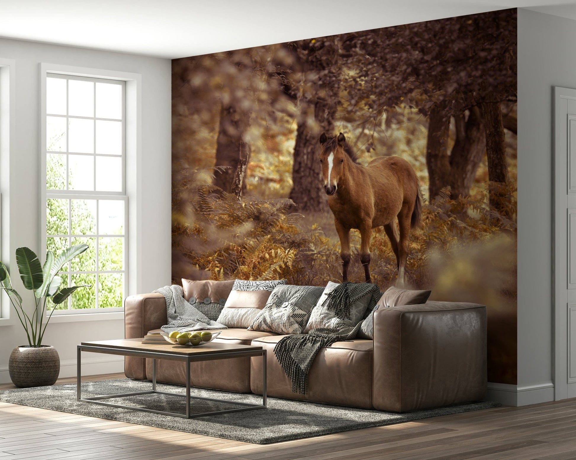 A calming wallpaper with a lone wild horse walking through a quiet forest clearing.