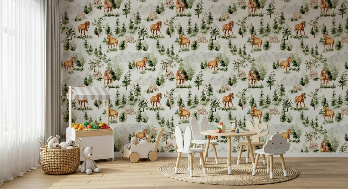 Mountain forest scene, watercolor wall mural, Wild Horses Vista artwork.