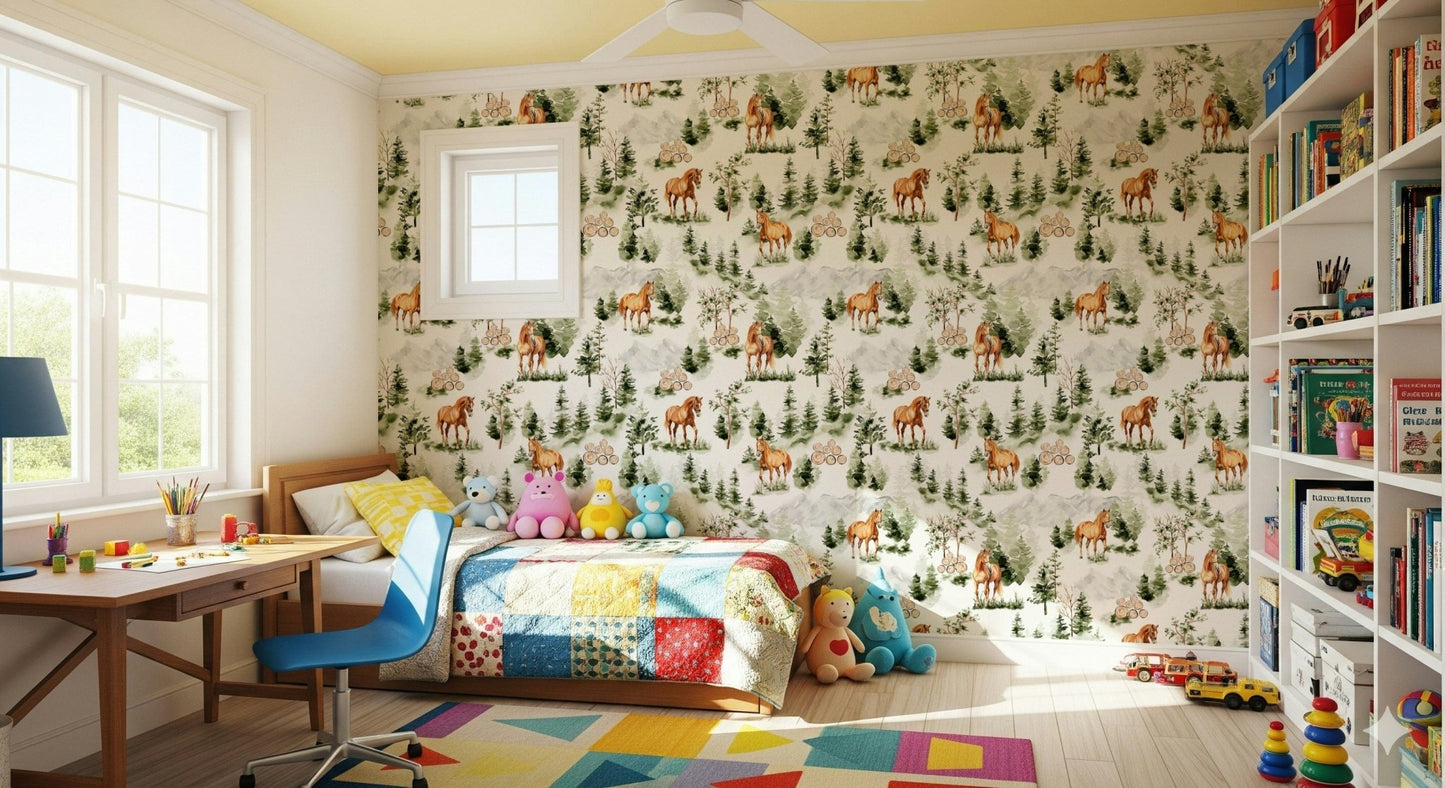 Gorgeous horses in woods wallpaper, painted fir trees, log piles pattern.