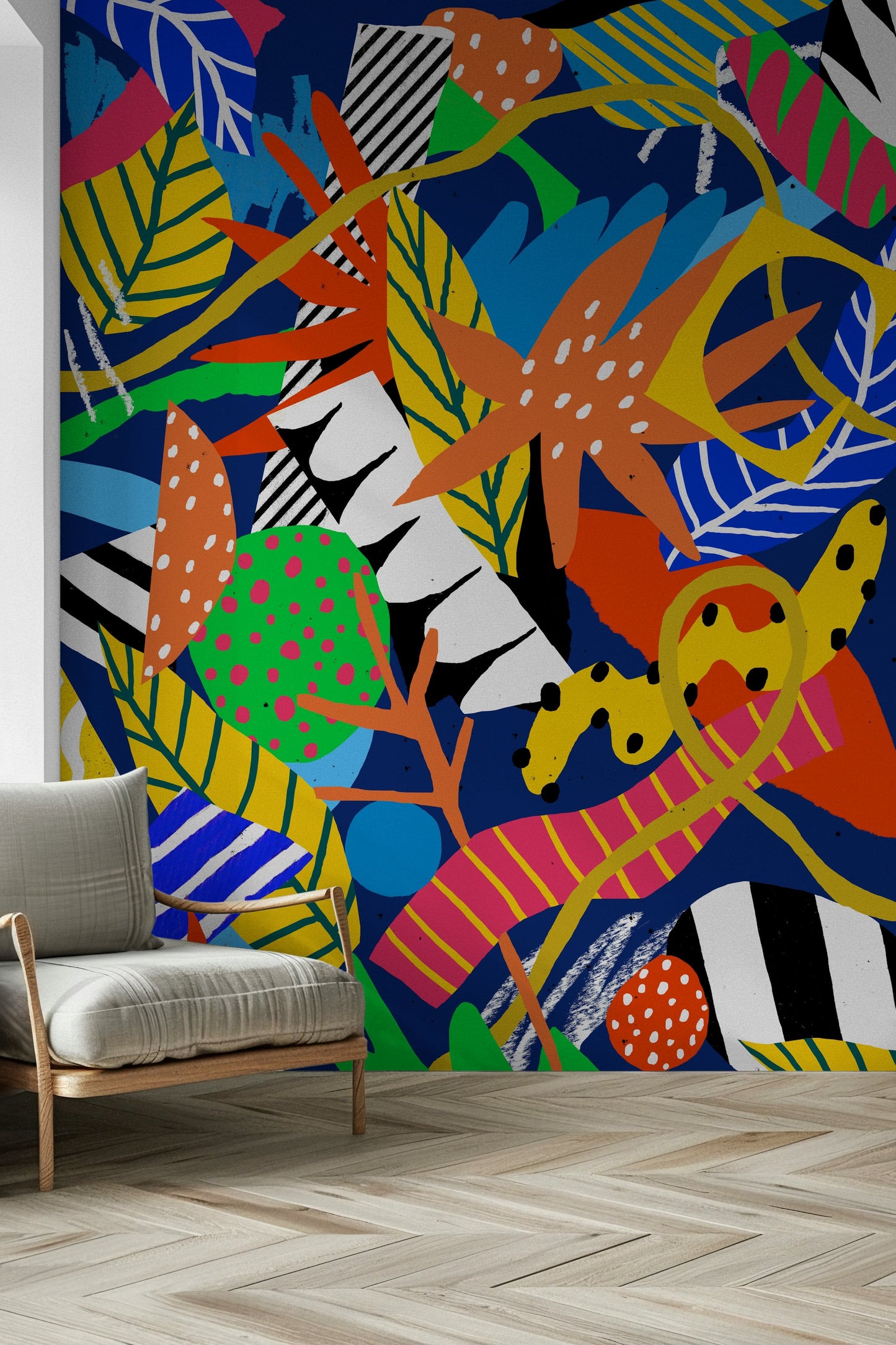 An artistic jungle foliage mural on minimalist wallpaper.

