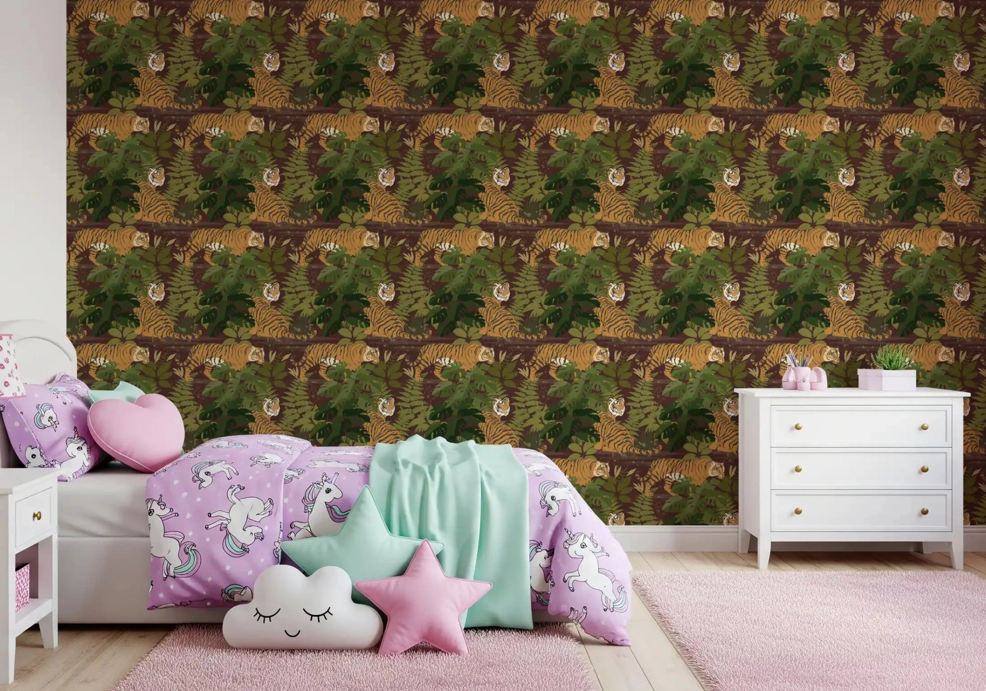 Wild Jungle Roam wallpaper showing tigers among dense green leaves