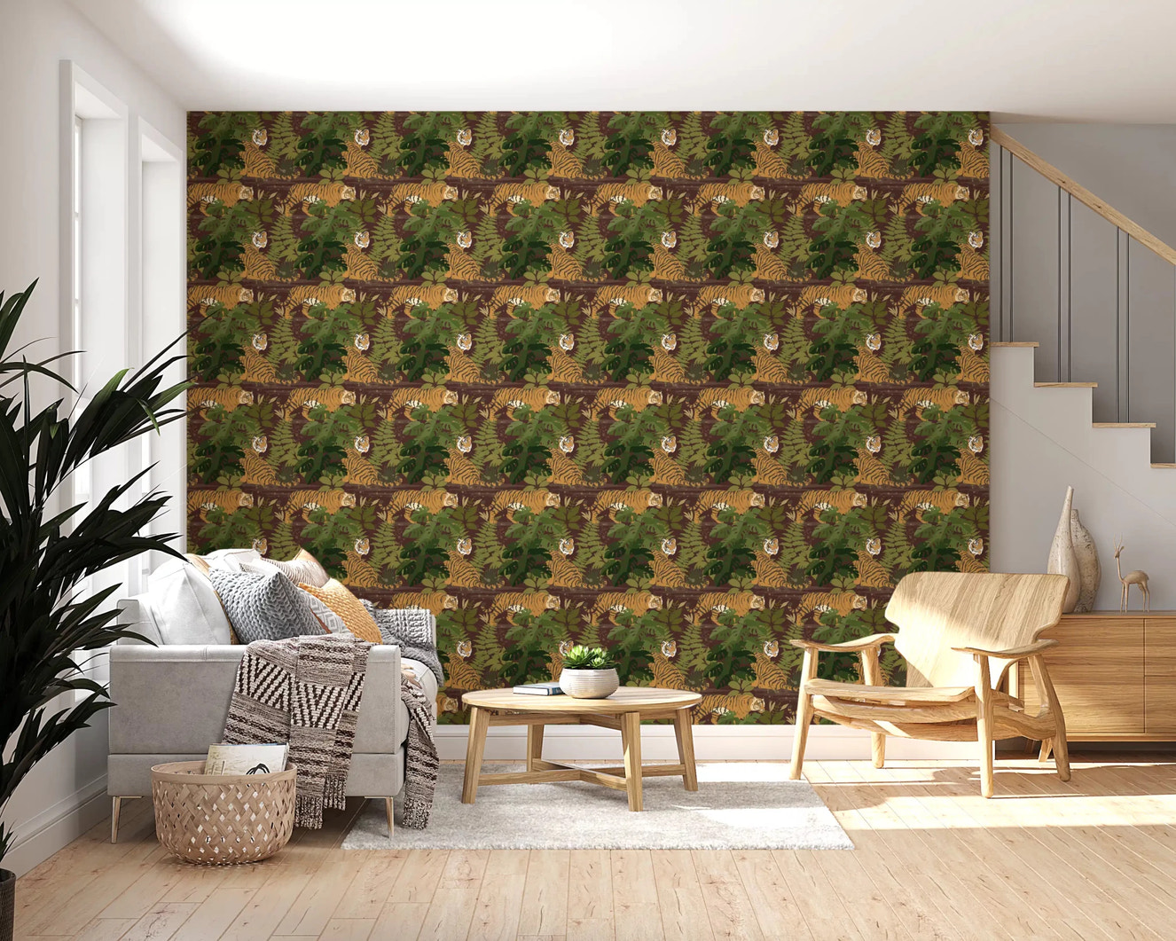 Wild Jungle Roam Tigers wallpaper in living room with monstera leaves