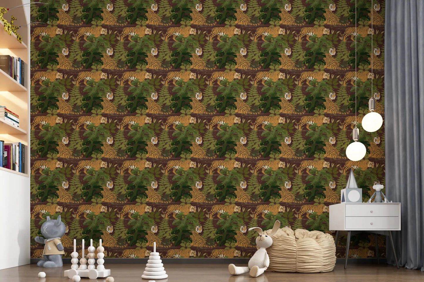 Tiger and monstera wallpaper in earthy tropical jungle tones