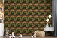 Tiger and monstera wallpaper in earthy tropical jungle tones