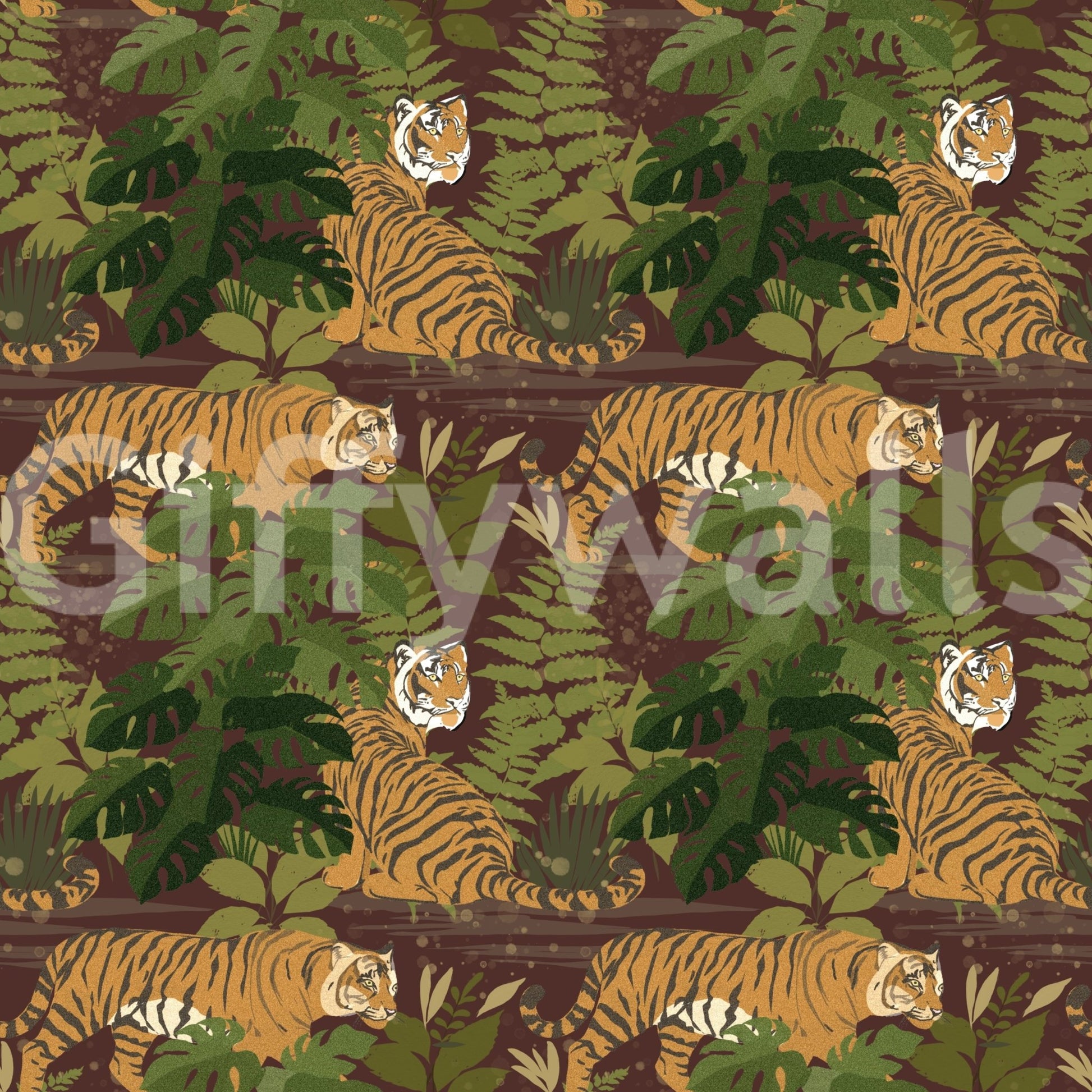 Jungle animal wallpaper with tigers and bold monstera shapes