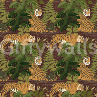 Jungle animal wallpaper with tigers and bold monstera shapes