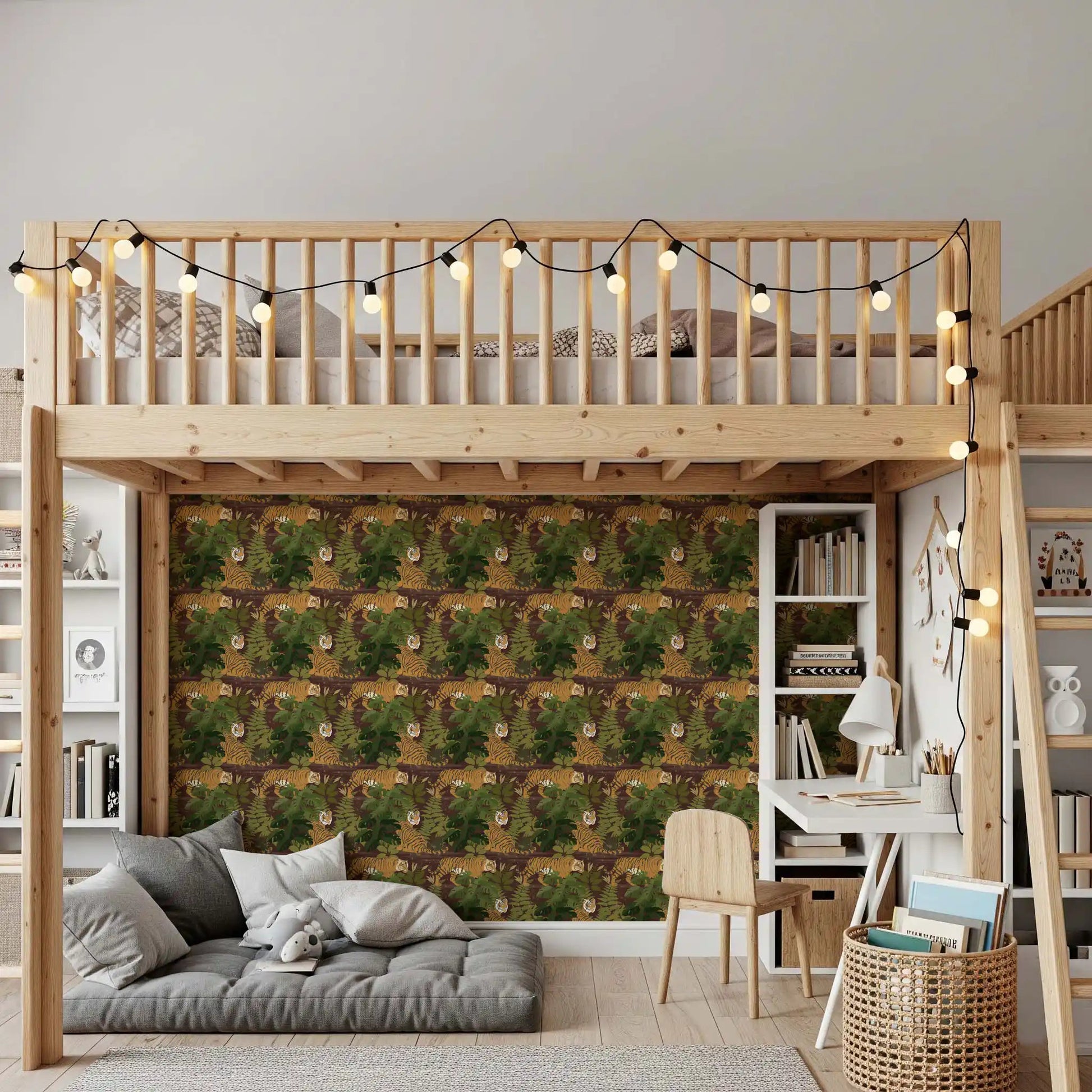 Tropical leaf wallpaper with tiger pattern and forest greens