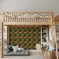 Tropical leaf wallpaper with tiger pattern and forest greens