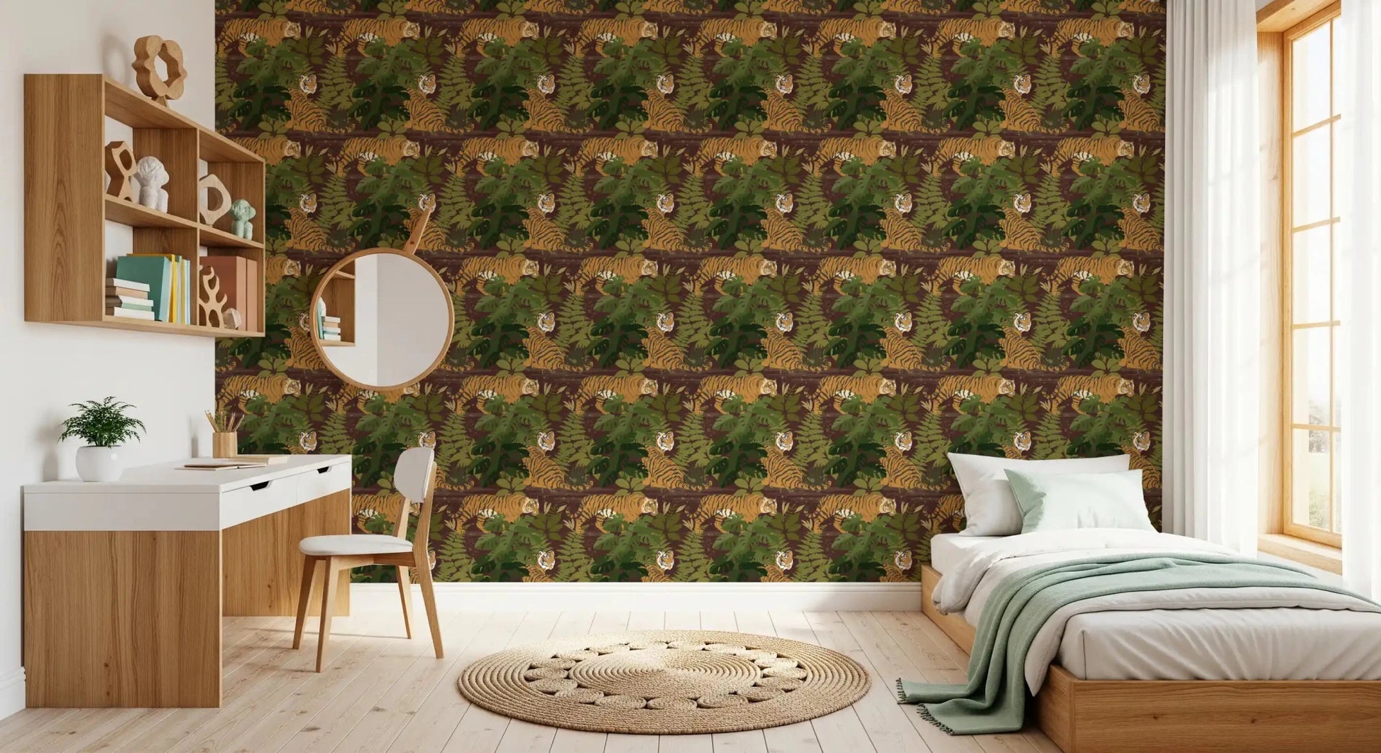 Bedroom Wild Jungle Roam Tigers wallpaper with tropical tiger print