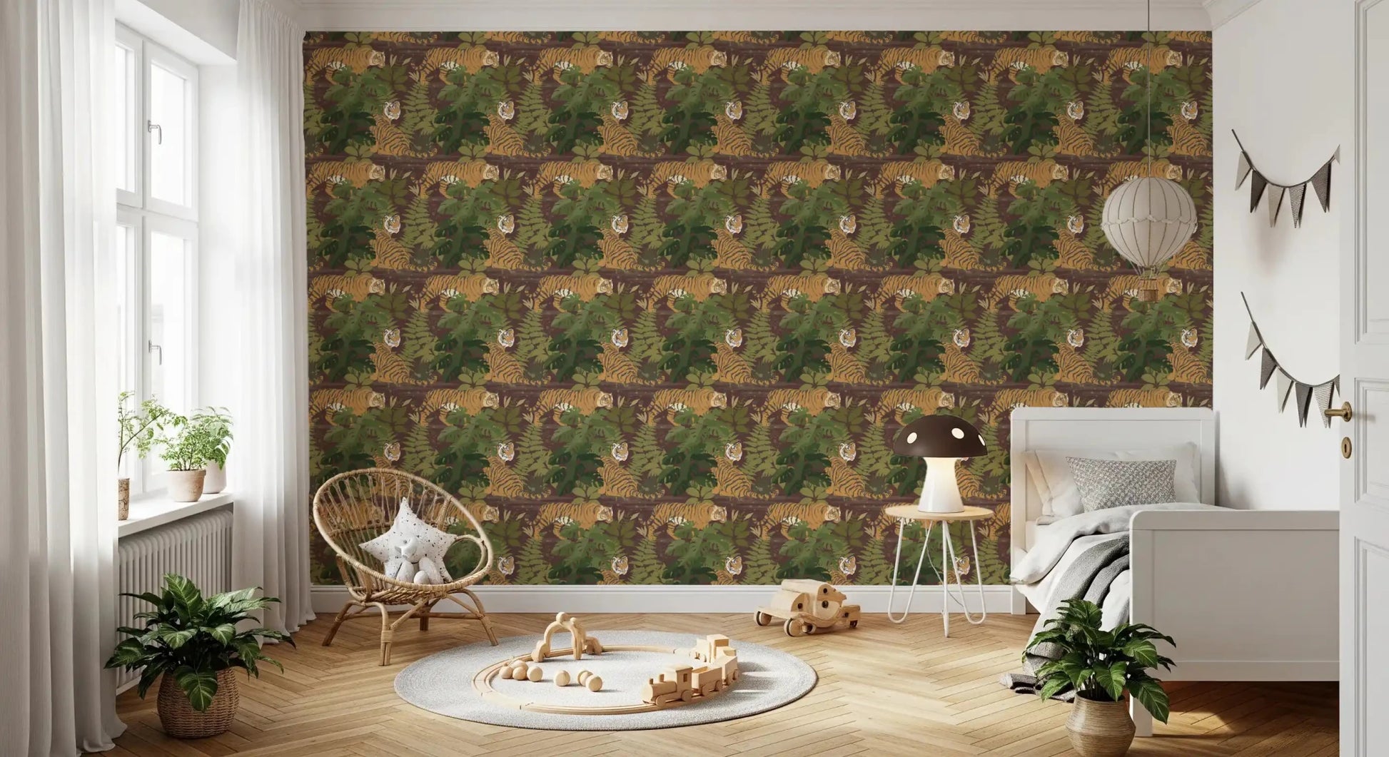 Repeating tiger jungle wallpaper with layered tropical foliage
