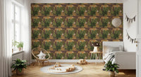 Repeating tiger jungle wallpaper with layered tropical foliage