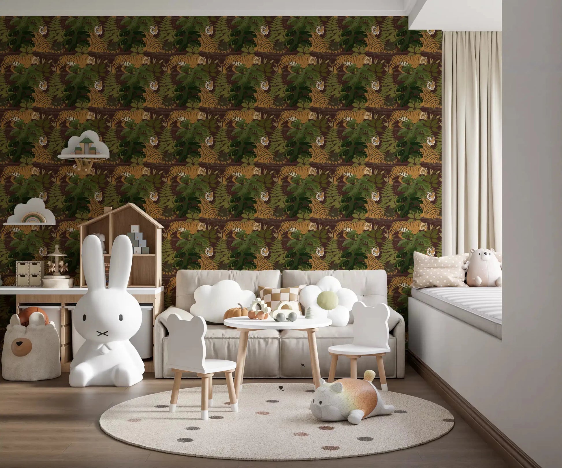 Kids room Wild Jungle Roam Tigers wallpaper with tiger repeat pattern