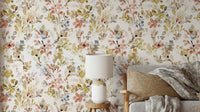 Wild Nature Plants Gold Wallpaper in a formal dining room with dark wood furniture.