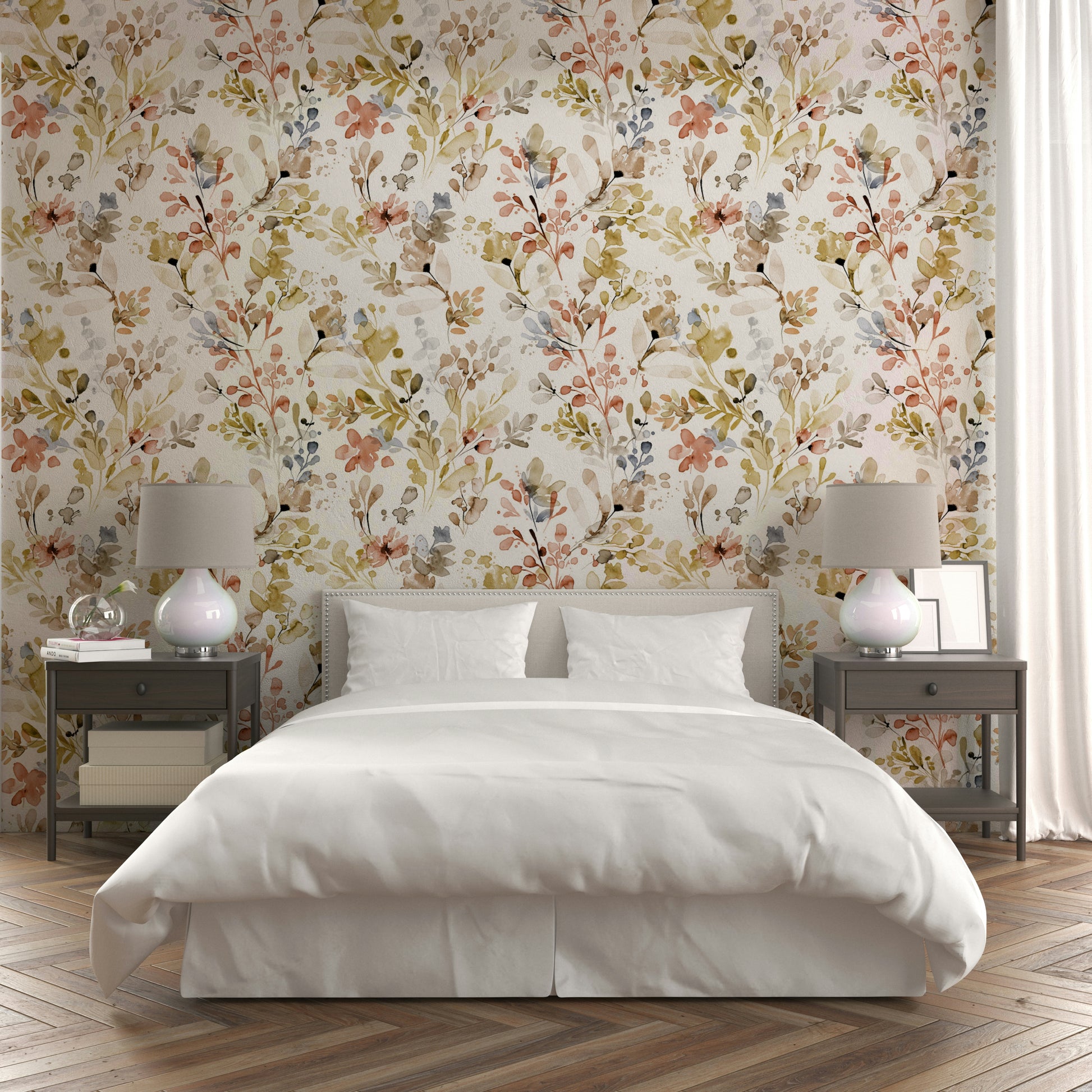 Elegant gold botanical wall decor with plant patterns for a modern apartment living room.