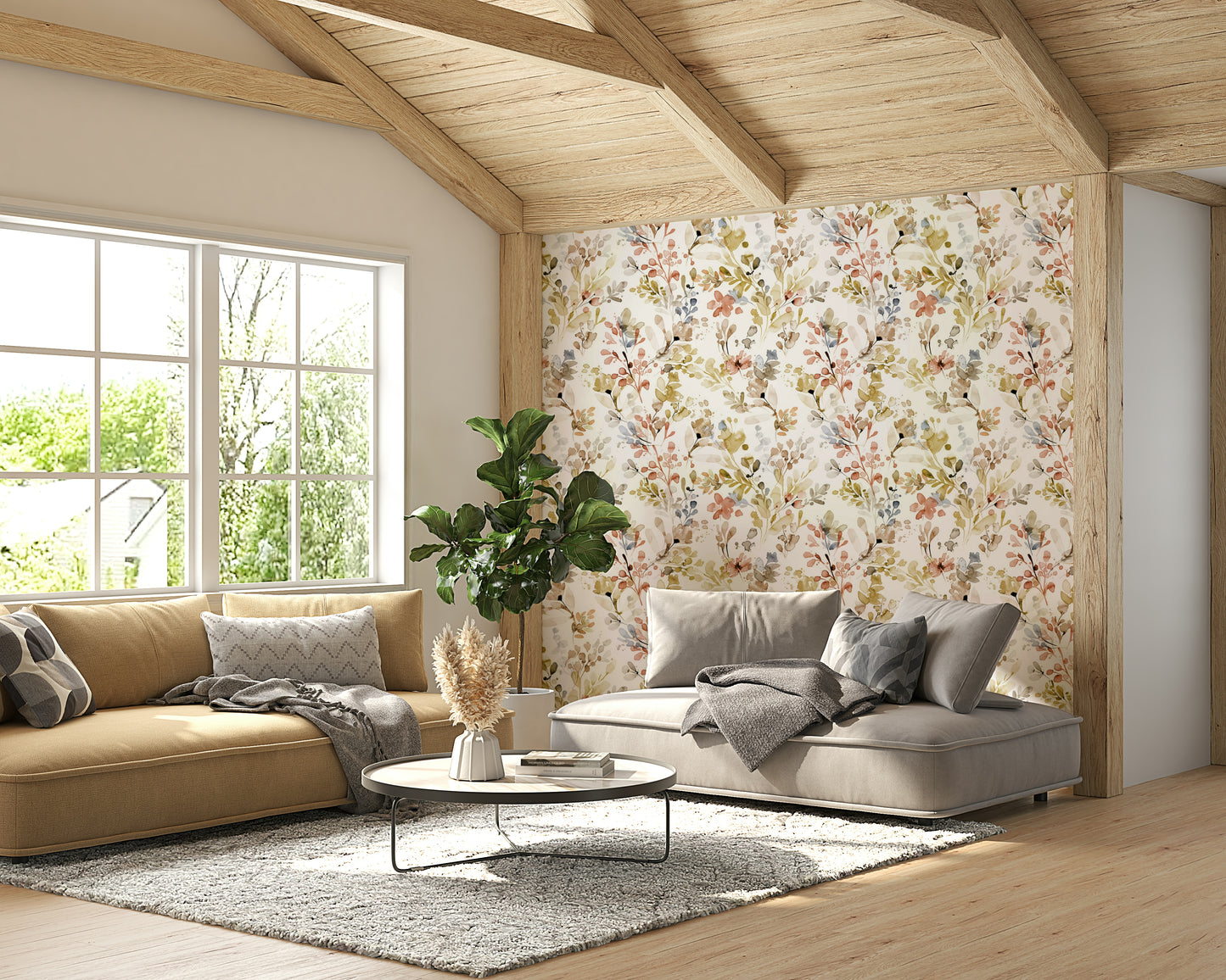 Soft gold botanical wallpaper in a primary bedroom with white bedding and brass lamps.