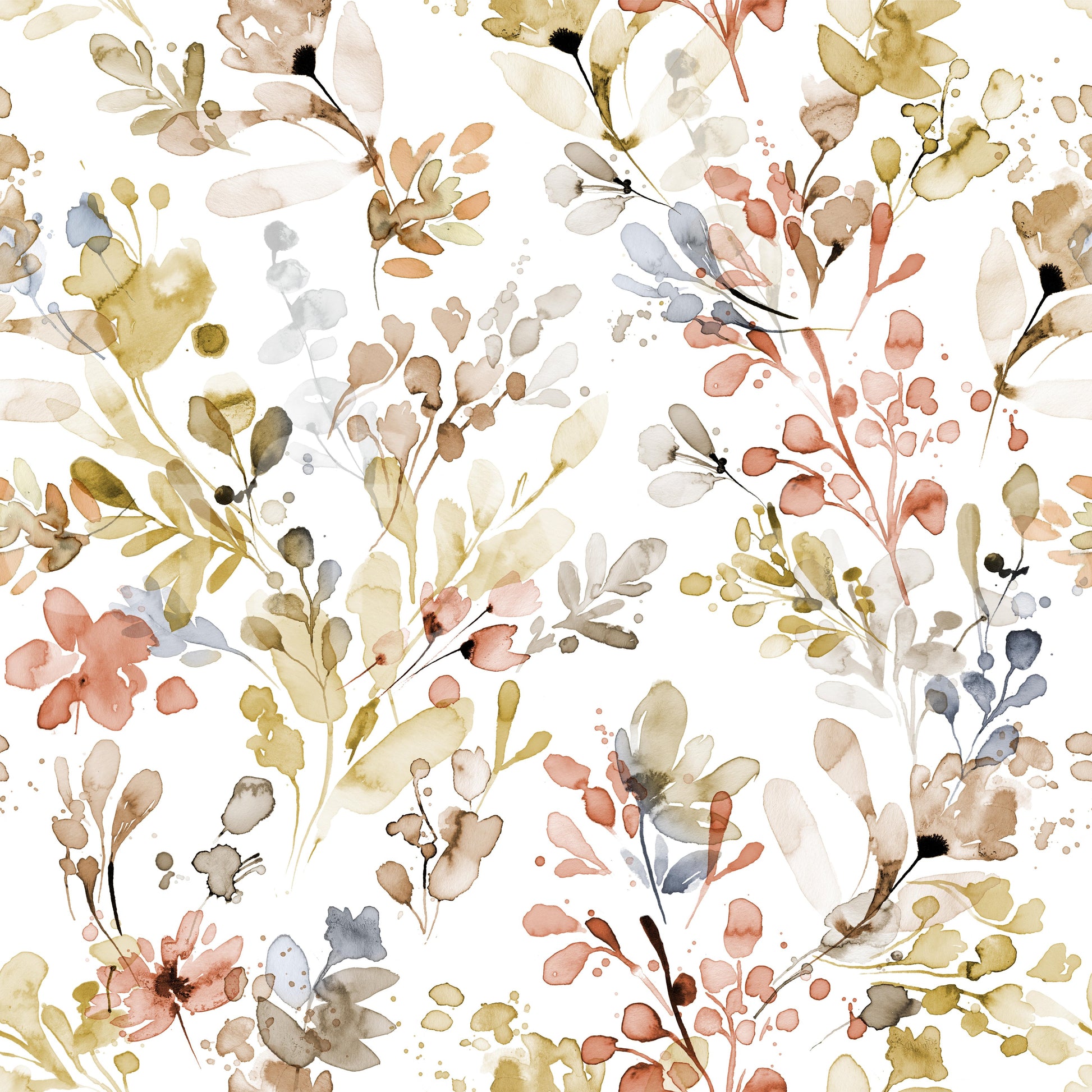 Warm gold nature landscape wallpaper for a study with light wood bookcases.