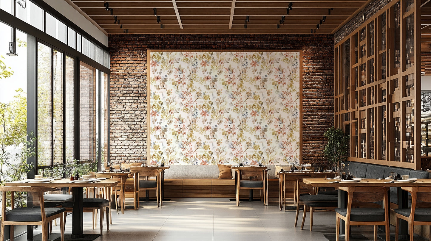Modern nature style wall decor with golden leaf prints in a bright, sunlit hallway.