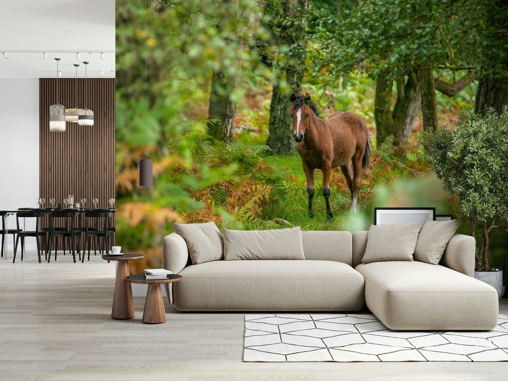 Forest pony wall mural, sweet foal, peaceful habitat, unique artwork.