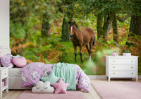 New Forest Nomad wall covering, adorable equine standing among trees.
