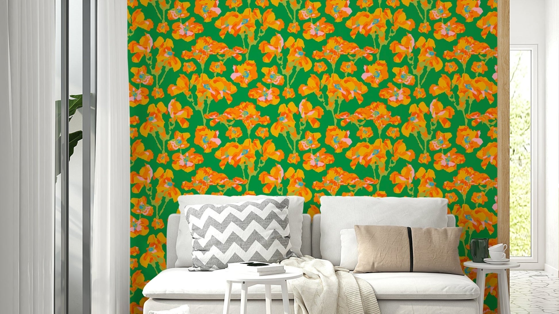 A wall mural of a peaceful floral pattern.

