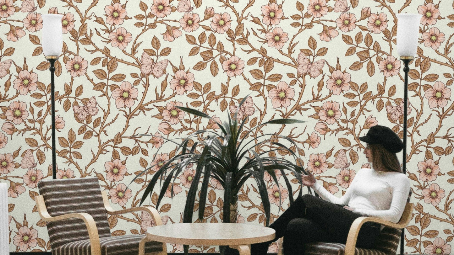 Wild Roses and Butterflies wallpaper in pink and brown

