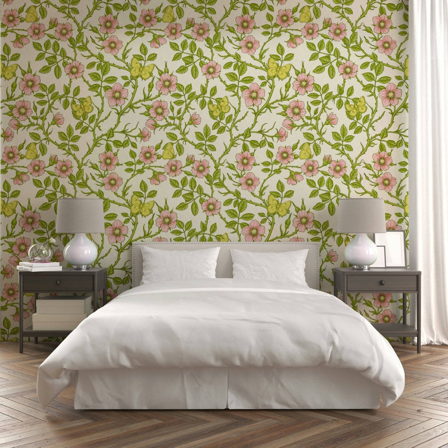 Floral design wallpaper featuring roses and butterflies

